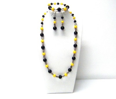 Round Black/Yellow Acrylic Bead w/Silver Findings Necklace/Bracelet/Earrings