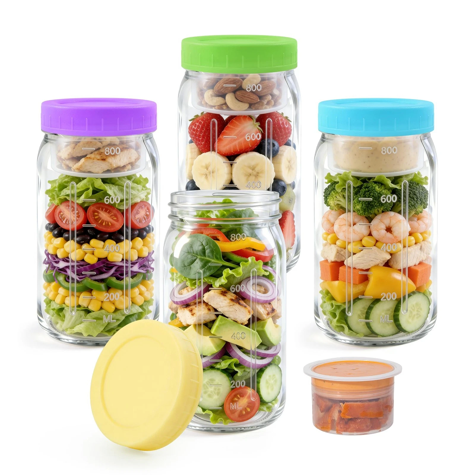 4-Pack 32oz Glass Salad Pod Jars, Leakproof Meal Prep Containers with 2 Compa...