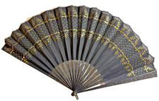 Antique Victorian Black Mourning Hand Fan Gold Detail Carved Pierced Wood Large