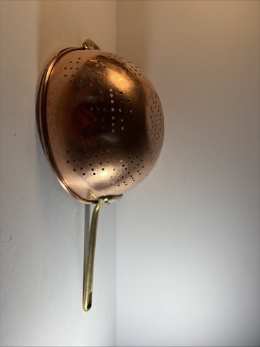 Vintage Large Copper Strainer Colander with Brass Handle 9 inch diameter