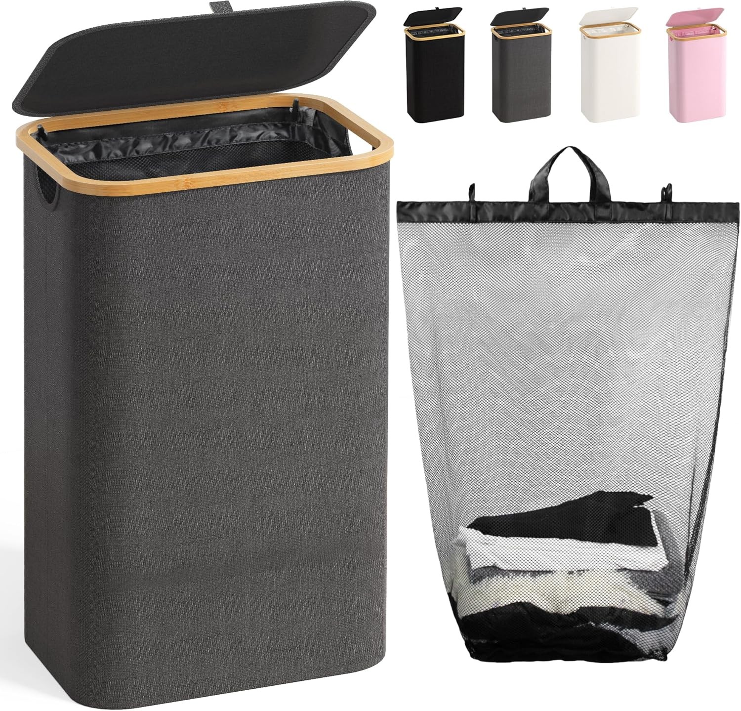100L Laundry Hamper with Lid, Large Laundry Basket with Bamboo Handles, Clothes