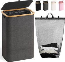 100L Laundry Hamper with Lid, Large Laundry Basket with Bamboo Handles, Clothes
