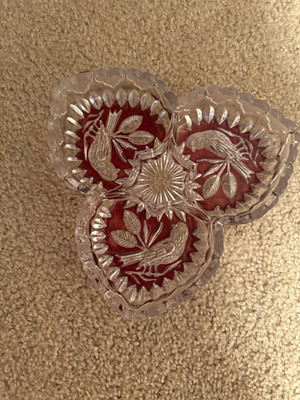 Hofbauer Byrdes 3- part Ruby tricorne relish dish/candy dish. Byrdes 33