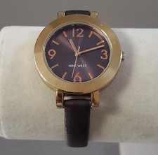 NINE WEST Watch Women's Analog Gold Tone Black Leather Band Quartz 34 mm