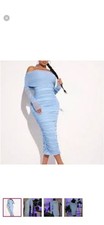 Light Blue Off-Shoulder Ruched Mesh Bodycon Midi Dress Long Sleeve