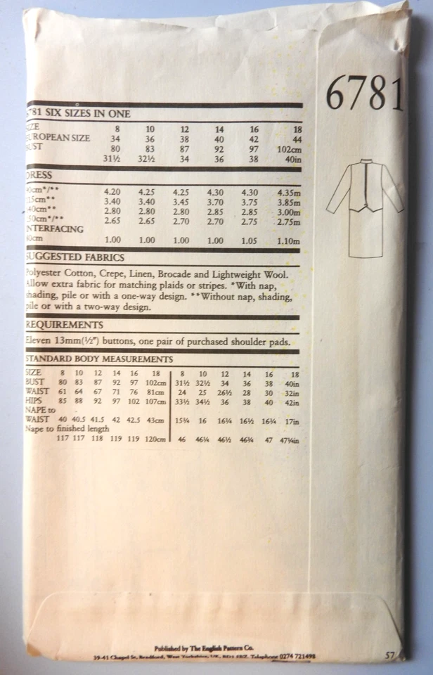 New Look 6781 sewing pattern Coat Dress w/ Back Detail sz 8 to 18 UNCUT FF 1980s - Image 2 of 2