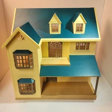 Vintage Yellow Dollhouse Playset Blue Roof Chimney Porch Windows Doors