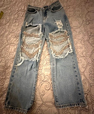 Carmar Distressed Denim Jean with Rhine26stones Size
