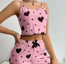 Women’s Heart Print Pajama Set 2 Piece Crop Top & Shorts Summer Sleepwear