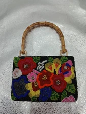 Tiana NY Beaded Floral Purse Handbag Bamboo Handle 