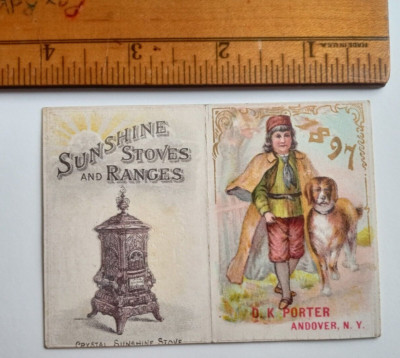 ANDOVER NY TRADE CARD 1897 TINY CALENDAR D K PORTER SUNSHINE STOVES PET DOG