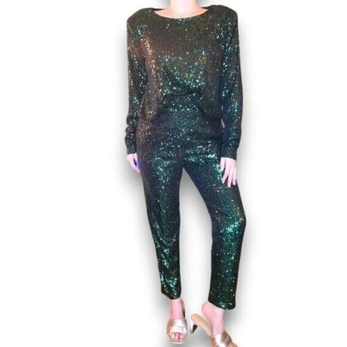 NONCHALANT Green Sequin Long Sleeve Open Back Top and Pants Set