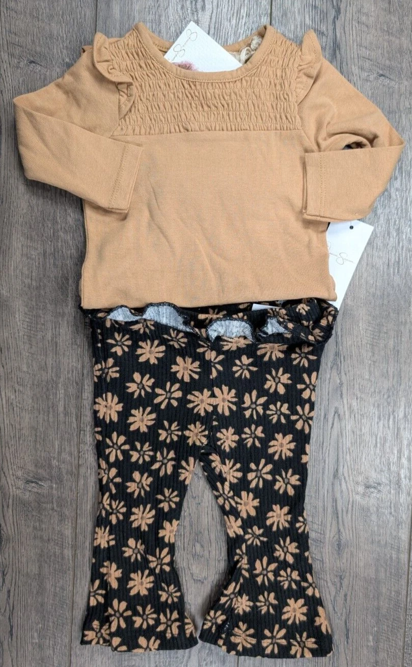 Baby Girl Clothes New Jessica Simpson 3-6 Month 2pc Black & Tan Ruffle Outfit