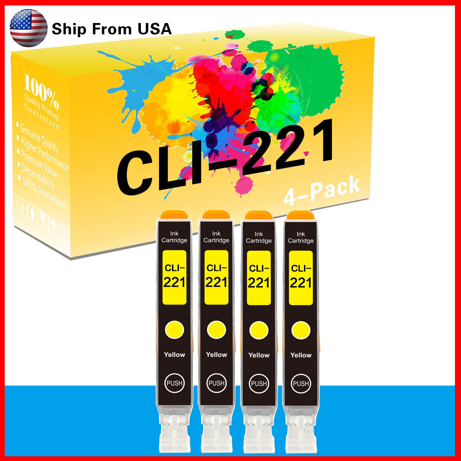 4PK CLI221 CLI-221 Ink Cartridge for Pixma MX860 MX870 Printer (Yellow)