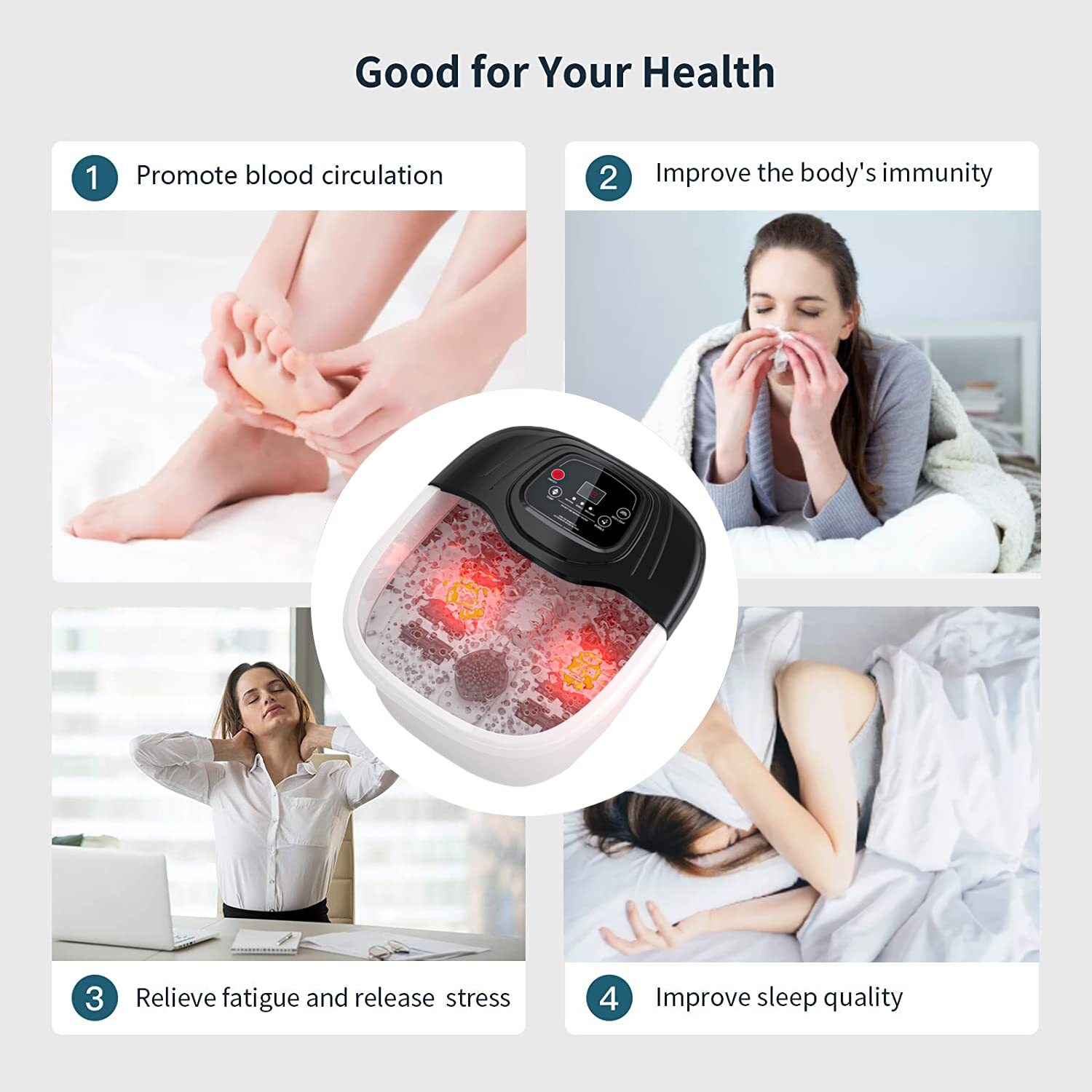 Foot Spa Bath Massager with Heat Bubbles Vibration Red Light for Stress Relief