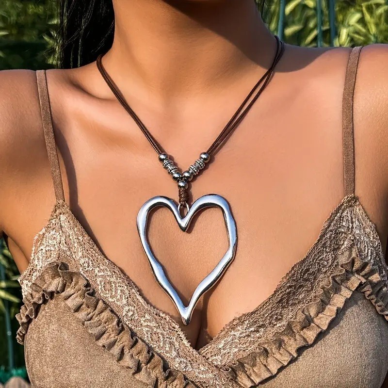 Elegant 925 Sterling Silver Huge Heart Pendant Leather Cord