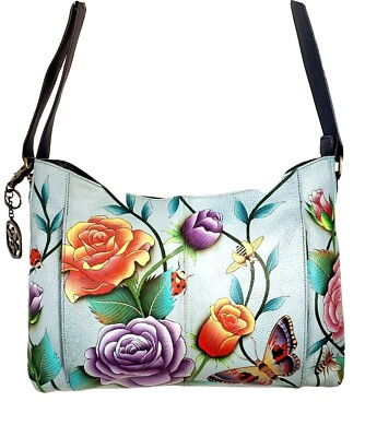 Anuschka Hand-Painted Leather Zip-Front Hobo Bag W/Accessories-Roses D'Amour-NWT