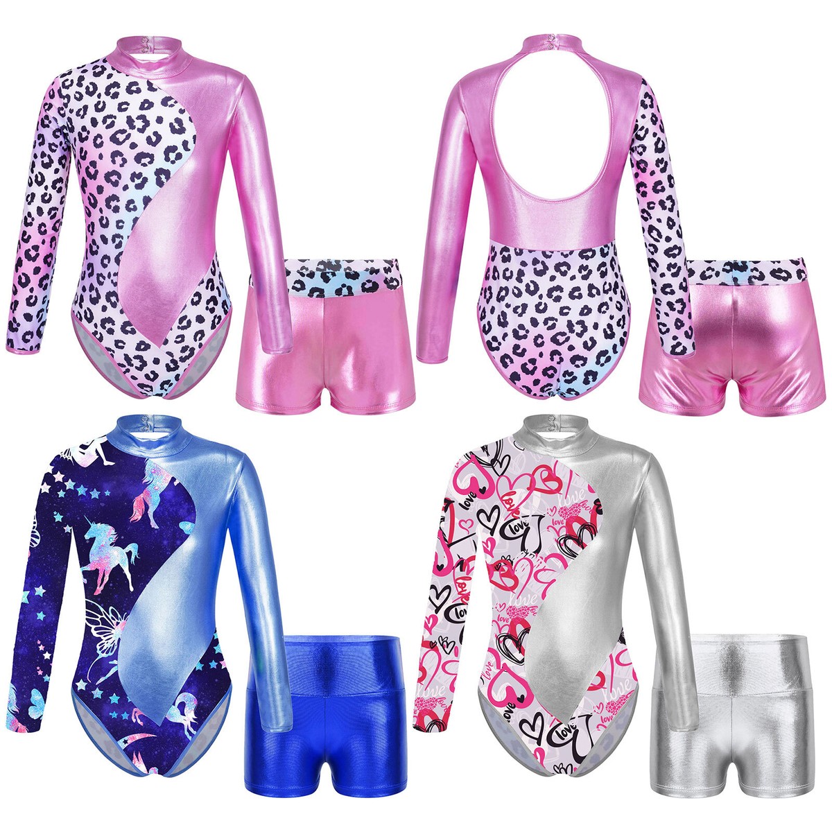 Gogokids Driedelige gymnastiekset voor meisjes, mouwloos gymnastiekpak met shorts en haarband, ballet, dansen, leotard, gymnastiekoutfit met fonkelend, voor meisjes, mouwloos shirt voor 3-12 jaar