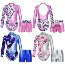 Kids Girls Gymnastics Outfits Long Sleeve Leotards with Shorts Athletic Unitards