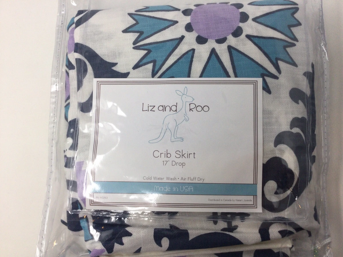 LIZ AND ROO Crib Skirt 17 Drop White Blue Lavender Mod Flowers USA