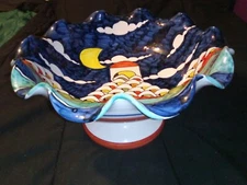 Huge 16" x 8.5' Vietri Italy Ruffled Compote Pedestal Bowl w/FISH Handpainted 