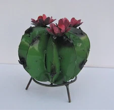 SMALL METAL ART BARREL CACTUS SCULPTURE WITH FLOWERS 6" DIAMETER GREEN