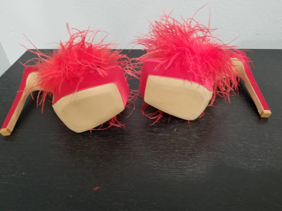 Sandalias Jeffrey Campbell Red Pluma Plataforma Infatuada Tacón Alto Slide Foto 3 de 4