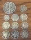 11 Silver Coin Mixed Lot Walking Liberty 3 Cent, Seated Mercury Roosevelt Dimes