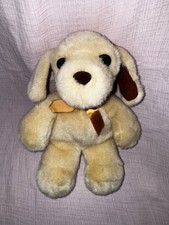 9 Inch Beige Tan Puppy Dog Plush Brown Nose Sleepy Eyes Yellow Bow Tie Long Ears