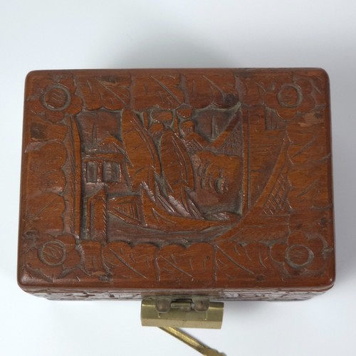 Vintage Asian Handmade Carved Wood Jewelry Box Brass Hardware, Lock & Key, 6x4” - Picture 3 of 17