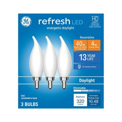 GE Refresh 40w Equiv 4w LED Bulbs CAC Candelabra Base Daylight Dimmable 3-Pack