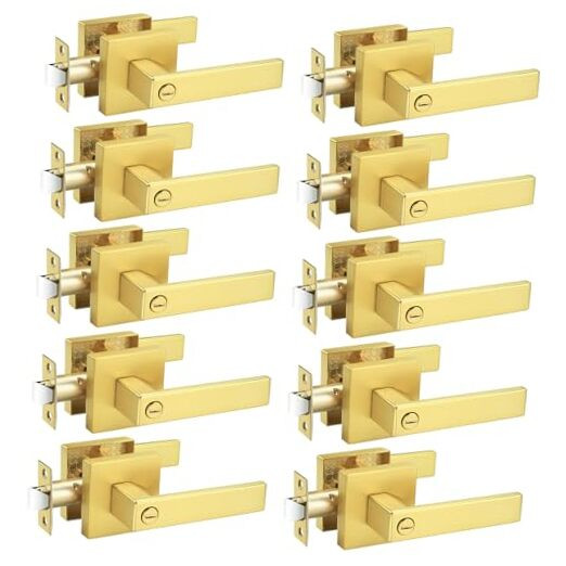 10 Pack Gold Privacy Door Handles in Antique Brass Finish, Heavy Duty Bedroom and Interior Door Hardware Set