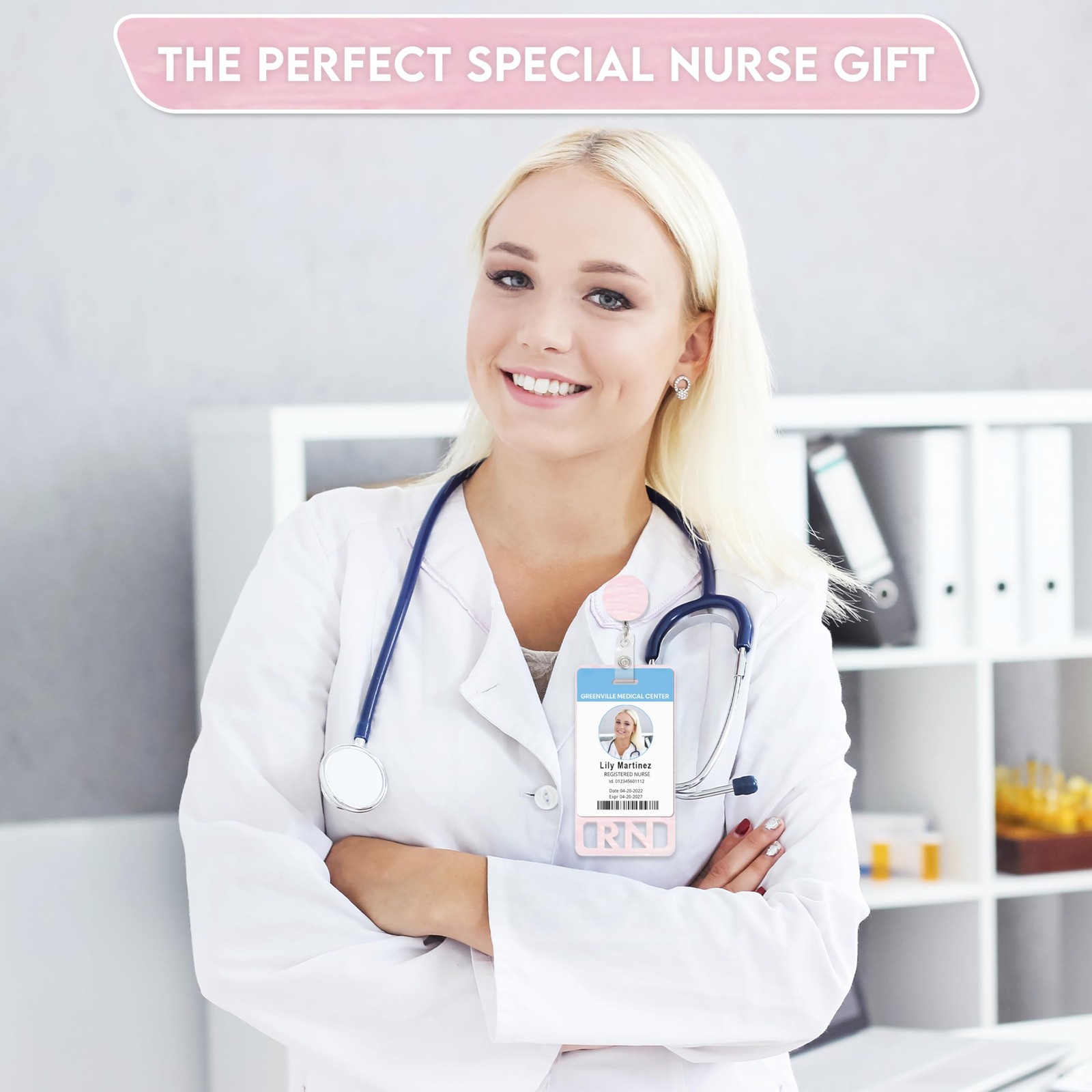 как выглядит RN Badge Buddy Vertical Cute Registered Nurse Acrylic Card ID Light Pink Pearl фото