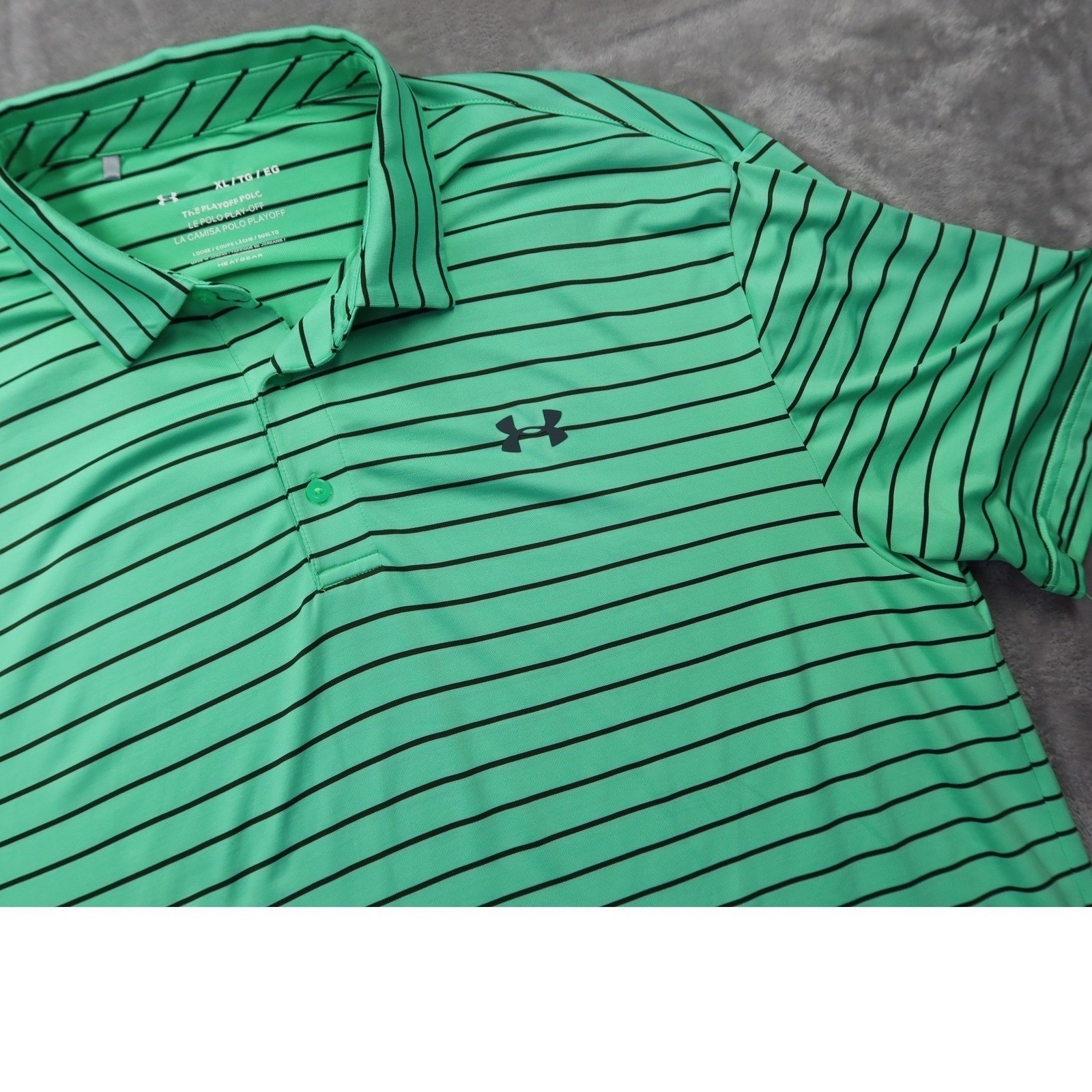Under Armour Men's XL Golf Polo Shirt Green Black Stripe Heatgear Short Sleeve