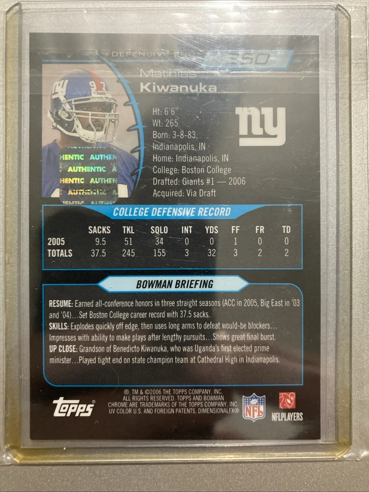2006 Bowman Chrome- Mathias Kiwanuka #250- Rookie Autograph-  New York Giants - Image 2 of 4