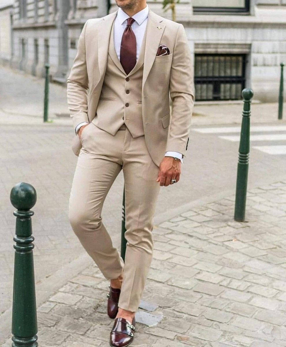 Beige Men Suit 3 Piece Notch Lapel Party Dinner Groom Tuxedo Wedding Suit Custom