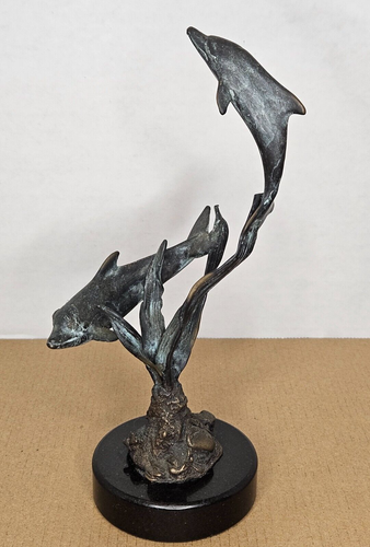 SPI Gallery Hand-Sculpted Cast in Brass Dolphins Swimming In Reeds 8 5/8" Tall - Picture 2 of 11