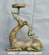 12.9" Old China Bronze Ware Fengshui Sika Deer Animal Candle Holder Candlestick