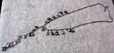 Vintage Flower Tag Signed Gun Metal Colored Y Drop Necklace With Black Beads