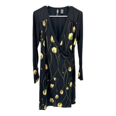 Laundry by Shelli Segal 6 Faux Wrap Tulip Dress Black Yellow Career Dressy 90s