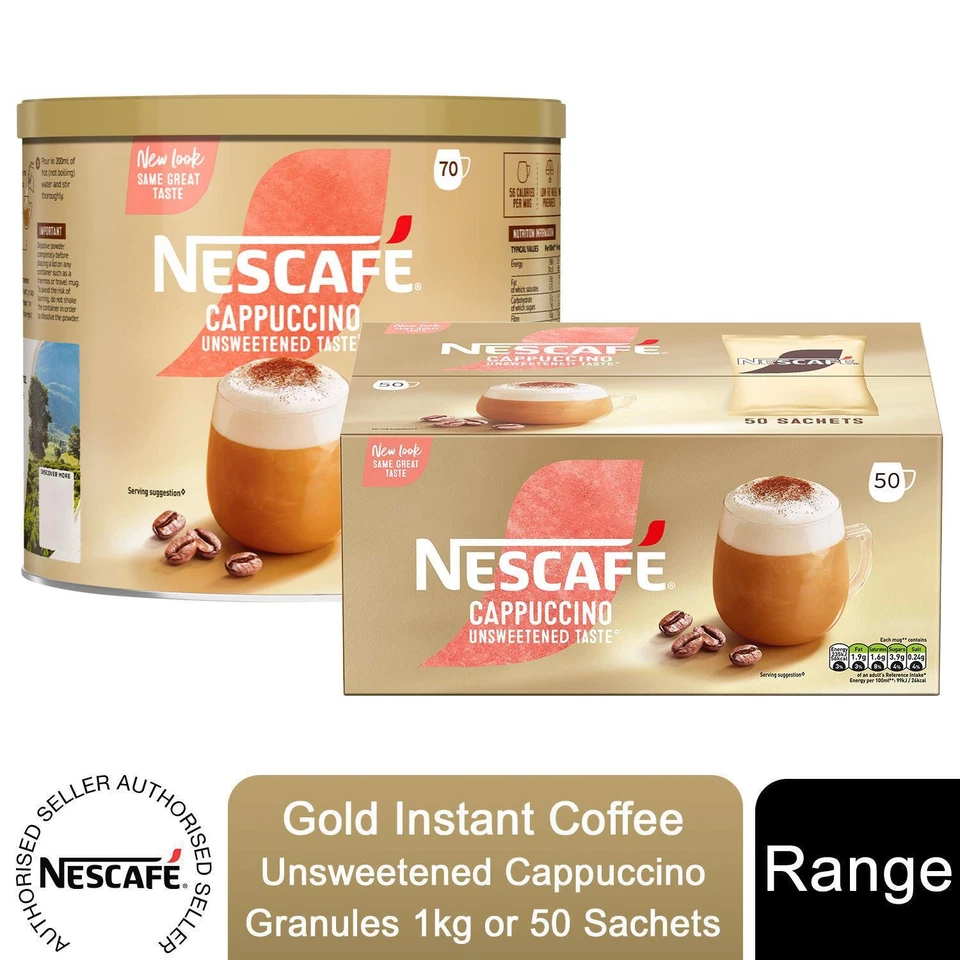Nescafe Gold Instant Coffee Unsweetened Cappuccino Granules 1kg or 50 Sachets
