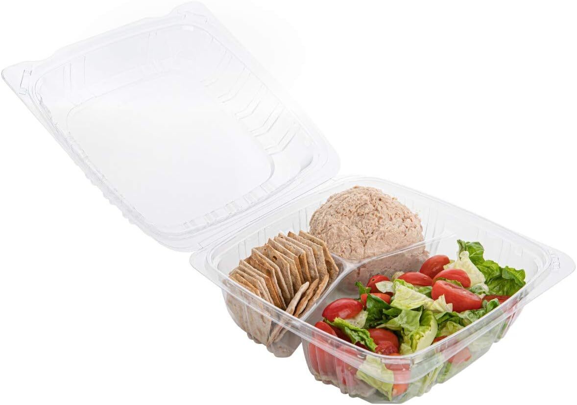 50-Pack 8x8x3 3/8 Plastic 3-Compartment Clamshell Food Containers for Takeout