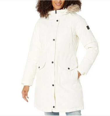 $330 RALPH LAUREN Womens SMALL Jacket Faux Fur Trim Hood COAT Button & Zip WHITE