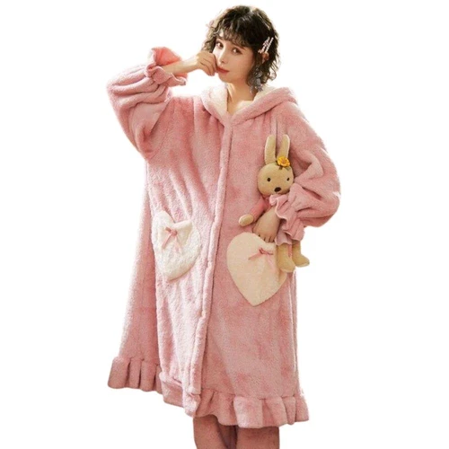 Mädchen Hase Kaninchen lange Ohren Nachthemd warm Flanell Kapuze dick Nachtwäsche PJ's - Bild 27 von 40