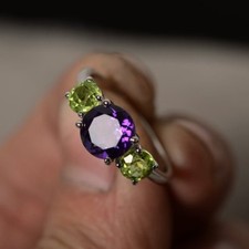 2ct Simulated Purple Amethyst Trilogy Ring 14k White Gold Plated Peridot Accents