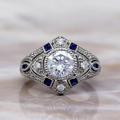 1.65Ct Round Diamond & Sapphire Simulated Art Deco Ring 14k White Gold Plated