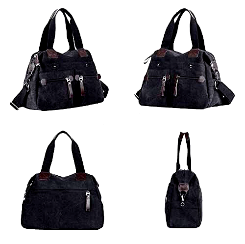 Eshow Damen Umhängetasche Handtasche Schultertasche Canvas Segeltuch Schwarz - Bild 2 von 6
