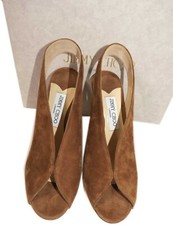 Jimmy Choo Sandals Peep Toe Slingbacks Brown Suede Pumps Shoes 38.5
