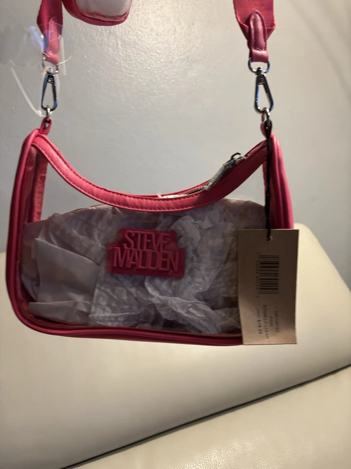 Steve Madden Clear Crossbody Shoulder Bag Hot Pink Trim, Logo Strap & Mini Pouch - Image 4 of 4