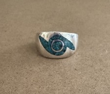 Vintage Southwestern Turquoise Inlay Ring Wide Band Size 9 Sterling Silver 8g